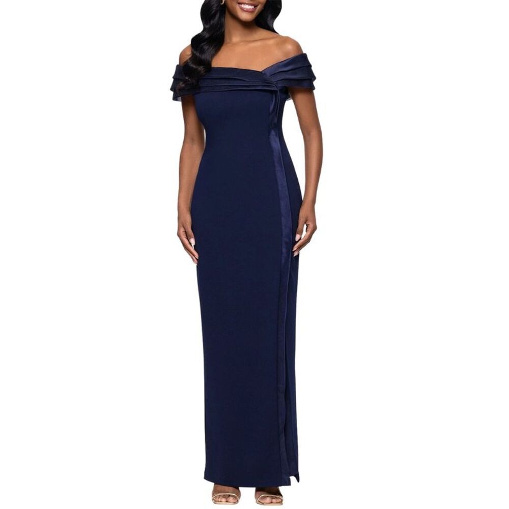 Betsy & Adam Womens Organza Off-The-Shoulder Dress 16 Navy - NWT $269